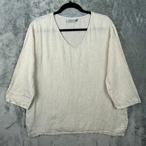 Match Point USA Tunic Top Womens Large Beige Striped Boho Lagenlook Coastal